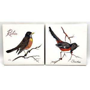 Vtg Screencraft Ceramic Tiles Handpainted ROBIN & TOWHEE Signed Robert Brooks 6"